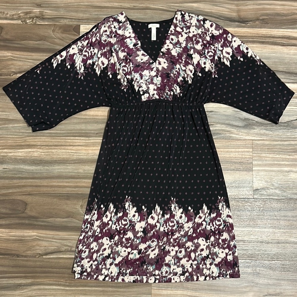 Soma Intimates Black Purple Floral Dress XS Empire Waist Flowy Dolman Sleeves